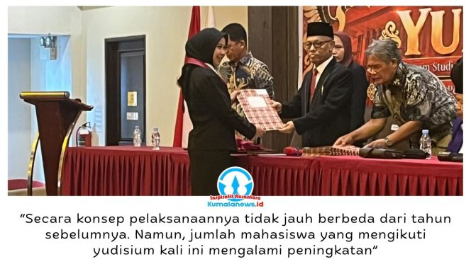 
 Dekan FKIP Unikarta, Suid Saidi, menyampaikan bahwa jumlah mahasiswa yang mengikuti yudisium tahun ini meningkat dibandingkan tahun sebelumnya. Ia berharap capaian tersebut menjadi dorongan bagi FKIP untuk terus meningkatkan kualitas pendidikan dan pelayanan akademik. Foto: Fairuzzabady.