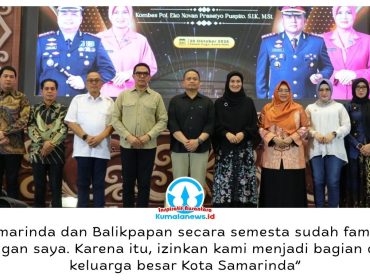 Kapolresta Samarinda yang baru, Kombes Pol. Eko Novan Prasetyo Puspito, menyampaikan komitmennya memperkuat sinergi dengan Pemkot Samarinda, Forkopimda, dan seluruh elemen masyarakat dalam menjaga kamtibmas serta mendukung pembangunan daerah, saat acara pisah sambut Kapolresta Samarinda di Hotel Fugo Samarinda, Jumat (30/10/2026) malam. Foto: Humas Pemkot Samarinda.