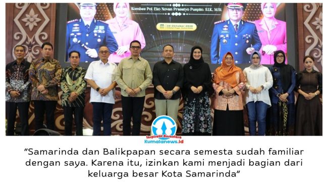 Kapolresta Samarinda yang baru, Kombes Pol. Eko Novan Prasetyo Puspito, menyampaikan komitmennya memperkuat sinergi dengan Pemkot Samarinda, Forkopimda, dan seluruh elemen masyarakat dalam menjaga kamtibmas serta mendukung pembangunan daerah, saat acara pisah sambut Kapolresta Samarinda di Hotel Fugo Samarinda, Jumat (30/10/2026) malam. Foto: Humas Pemkot Samarinda.